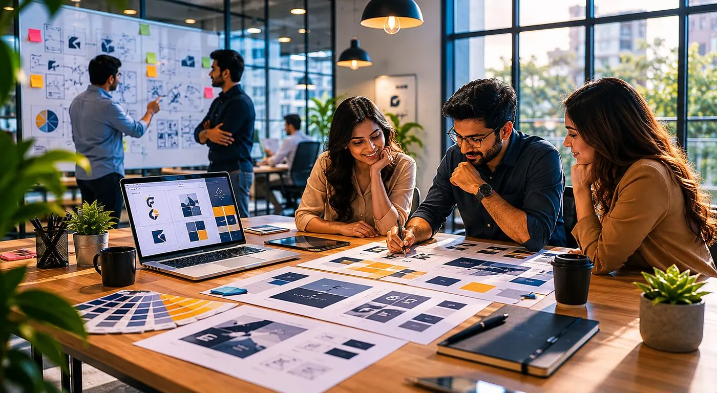 Fourart team collaborating on brand strategy, layouts and identity development