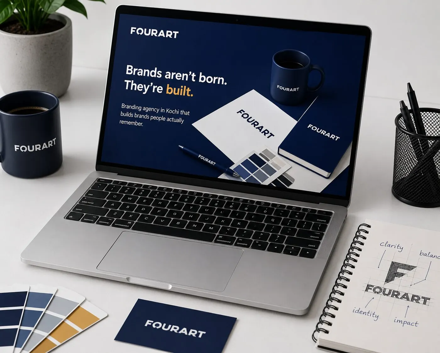 Fourart branding mockup — laptop, business card, mug, colour palette and identity sketches