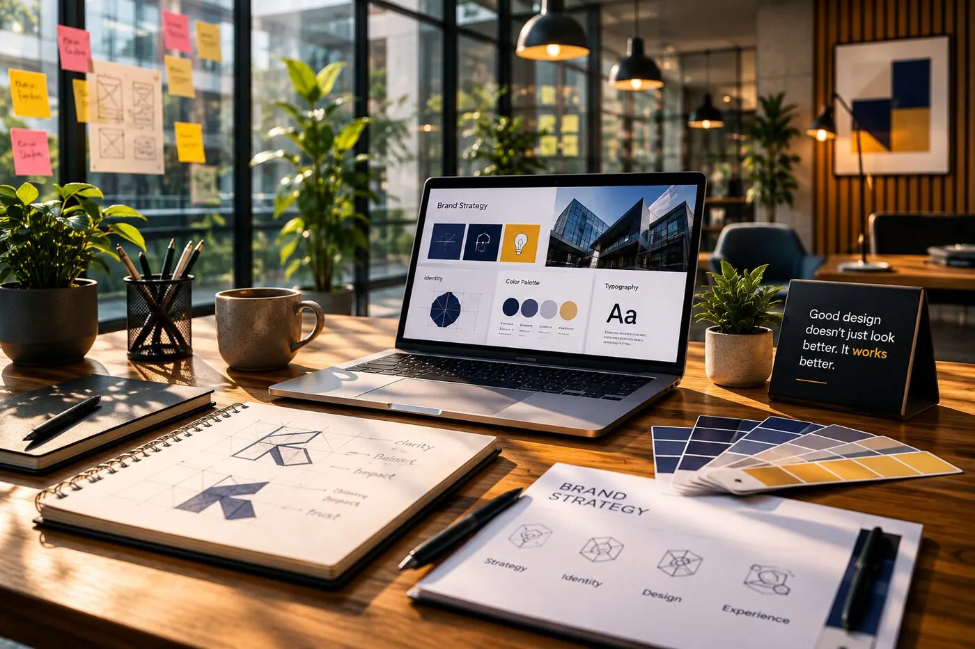 Completed brand strategy deliverables — laptop with brand system, colour palette, typography and identity sketches