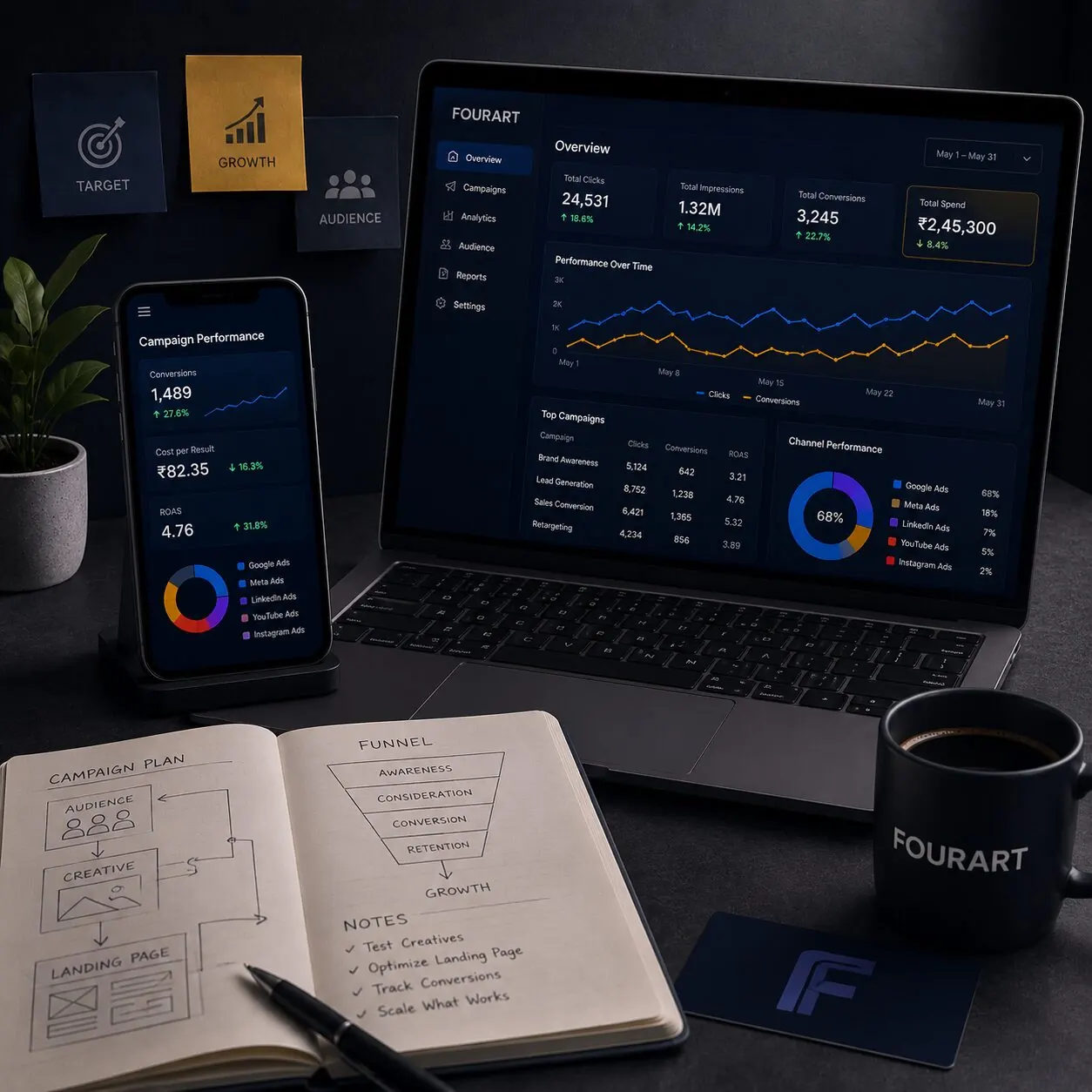 Fourart campaign planning workspace — multi-device campaign performance, funnel strategy and creative testing