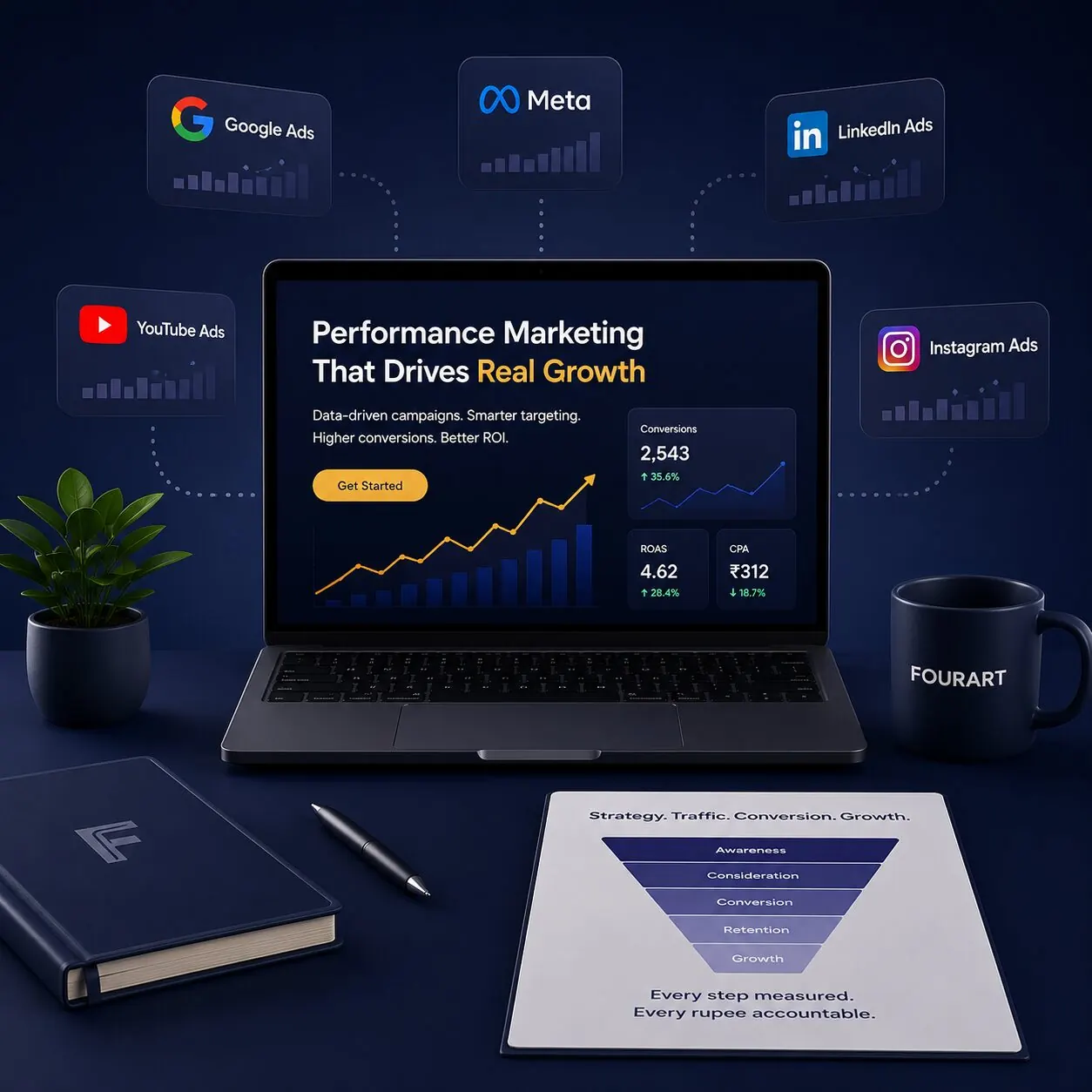 Fourart performance marketing — Google Ads, Meta, LinkedIn, YouTube and Instagram campaigns driving real growth