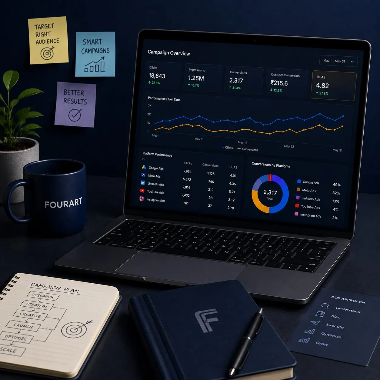 Fourart campaign overview dashboard — clicks, impressions, conversions, cost per conversion and ROAS metrics