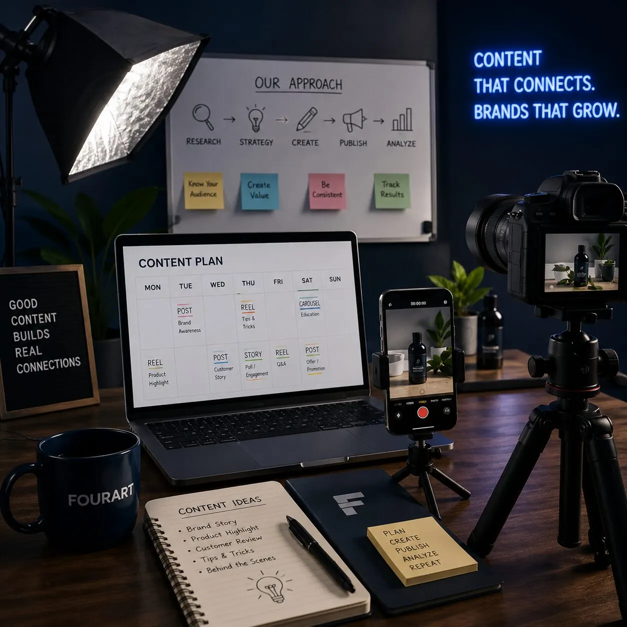 Fourart content production setup — content plan calendar, video shoot, lighting and approach framework
