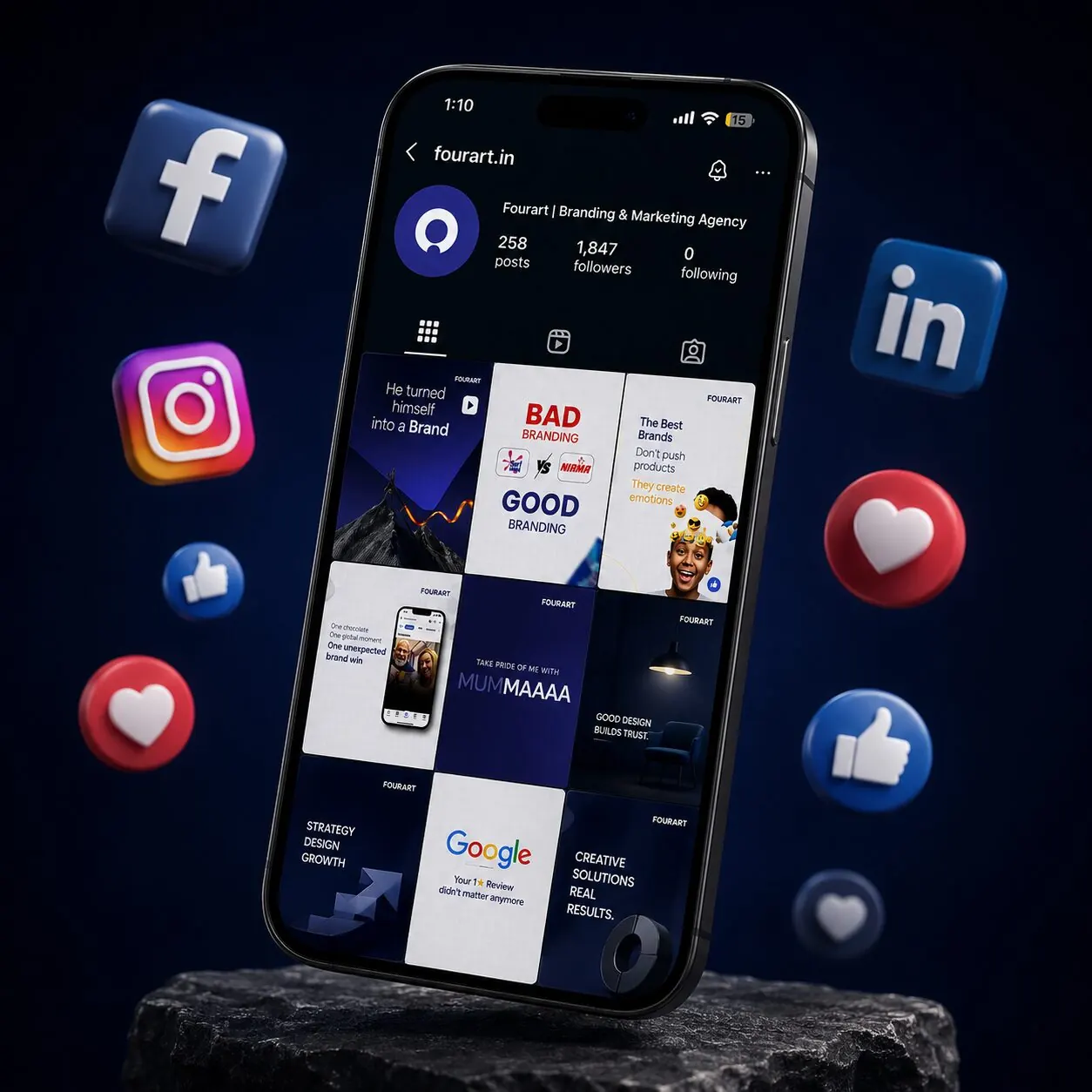 Fourart Instagram profile (@fourart.in) — branded content grid across Facebook, Instagram and LinkedIn