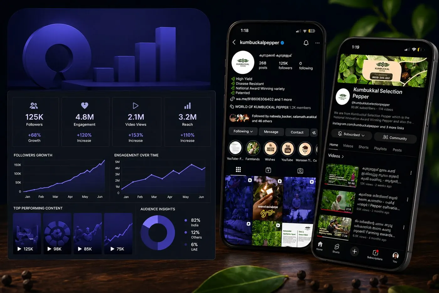 Kumbuckal Pepper case study — 125K Instagram followers, 4.8M engagement, 2.1M video views grown organically by Fourart